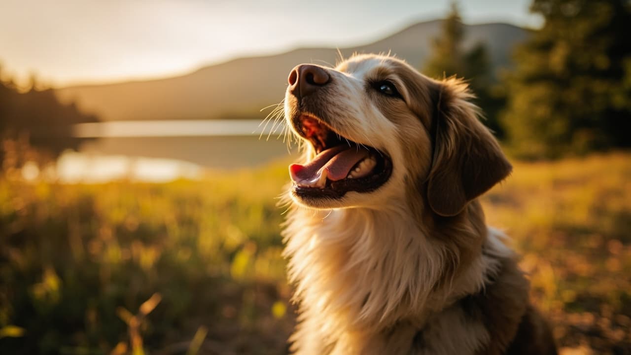 A golden-furred dog sits panting in a grassy meadow at sunset, with mountains and a lake blurred in the background.