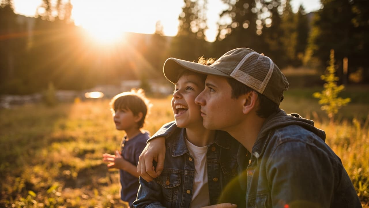 A father wearing a tan cap and denim jacket sits in a sunlit meadow with two smiling boys at golden hour.