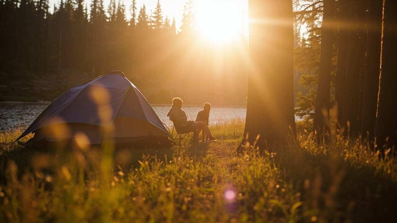 Two people sit in camping chairs beside a dome tent at a forest lakeside during golden hour sunset.