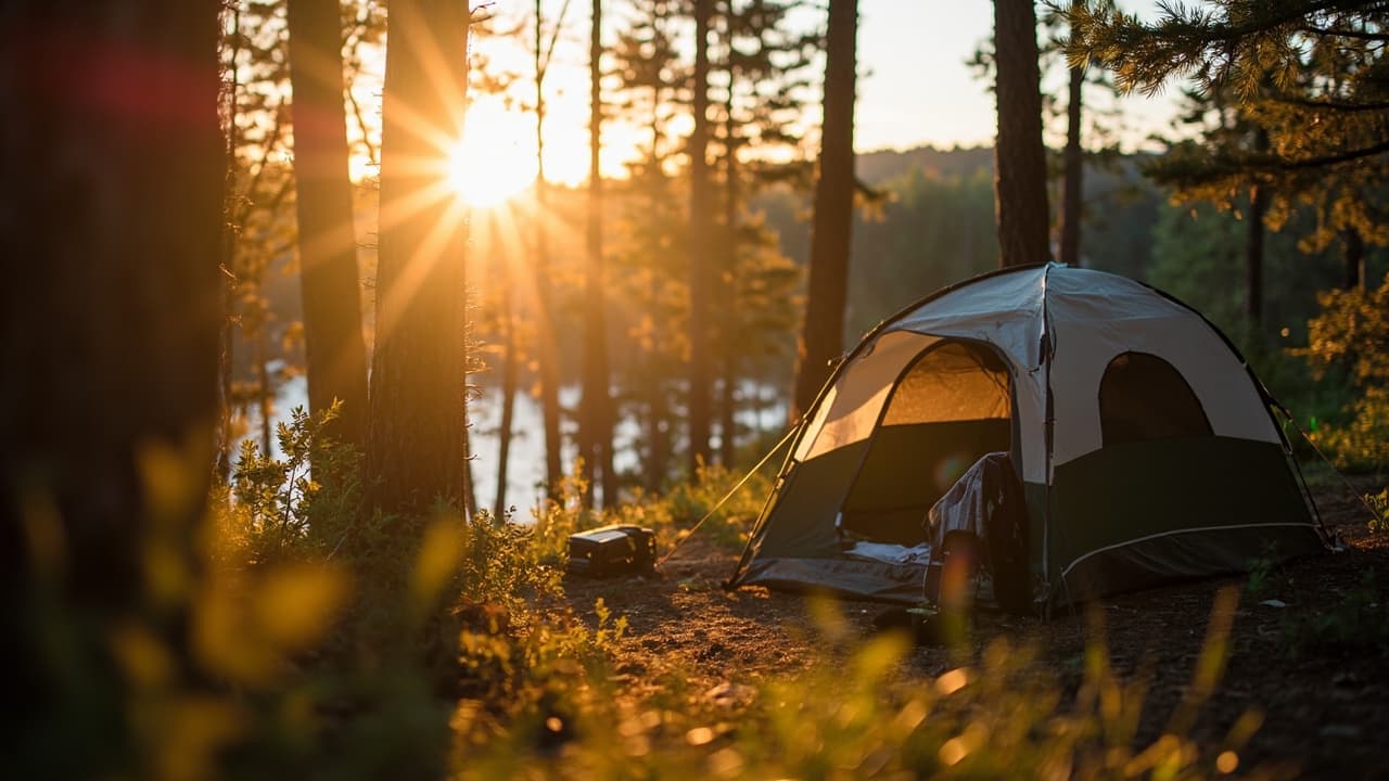 Dome tent pitched in a pine forest with sunrise filtering through trees, backpack resting at the entrance.