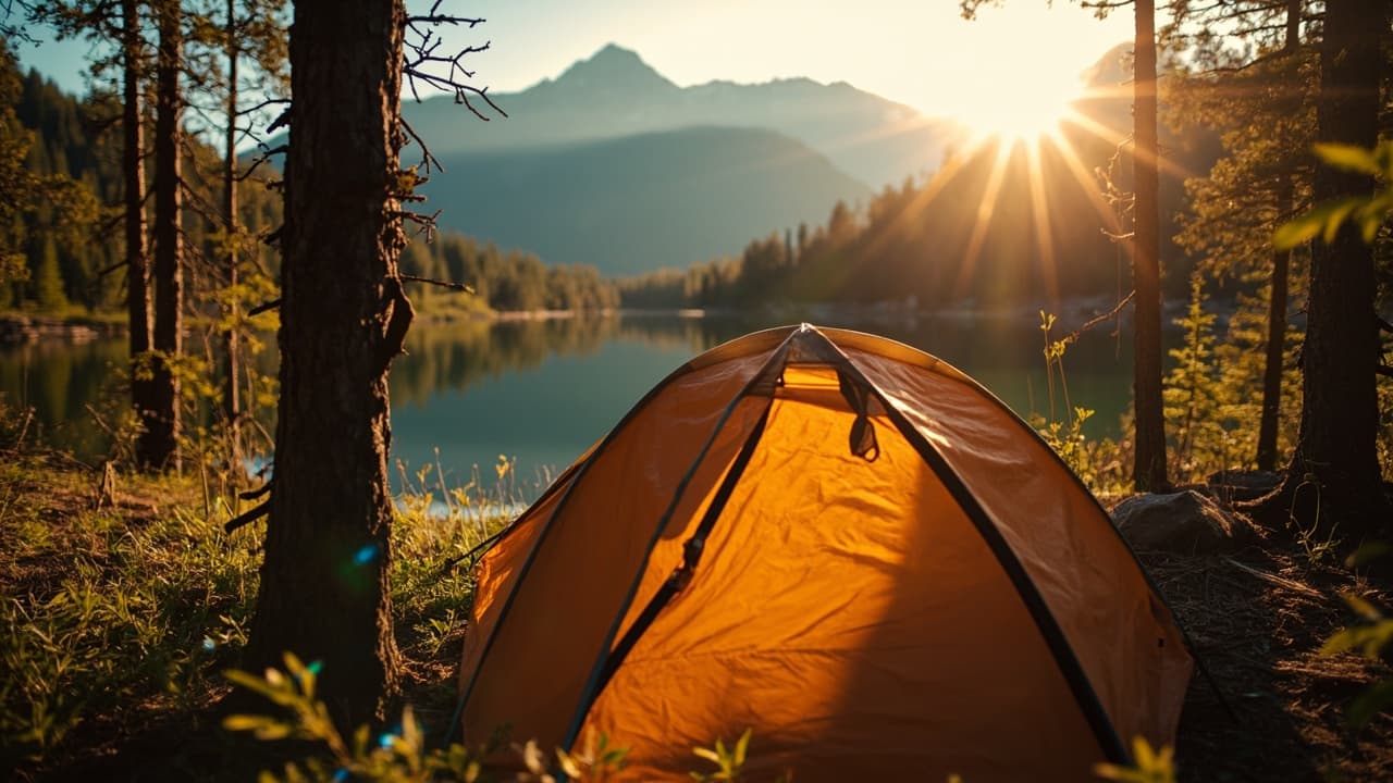 An orange dome tent pitched in a forest beside a tranquil lake with sunlight shining over distant mountains.