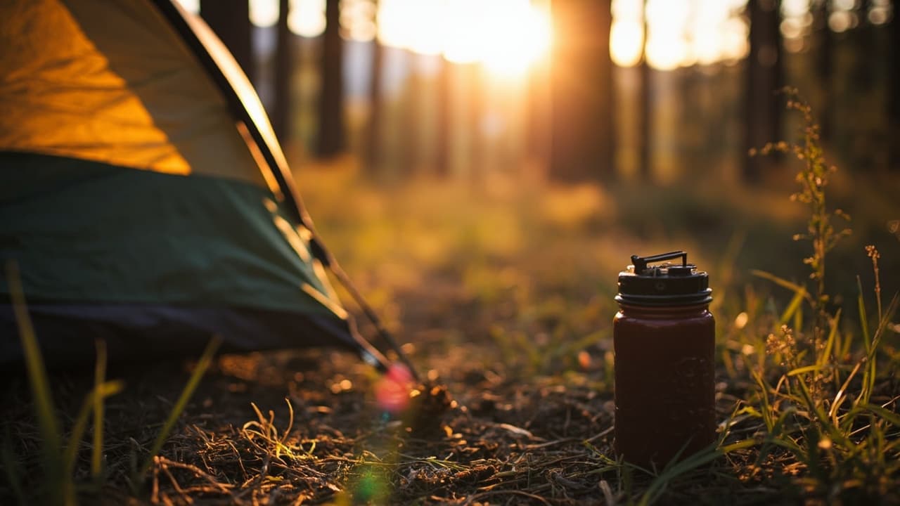 Red insulated water bottle beside a green and yellow tent in a sunlit forest clearing at sunset.