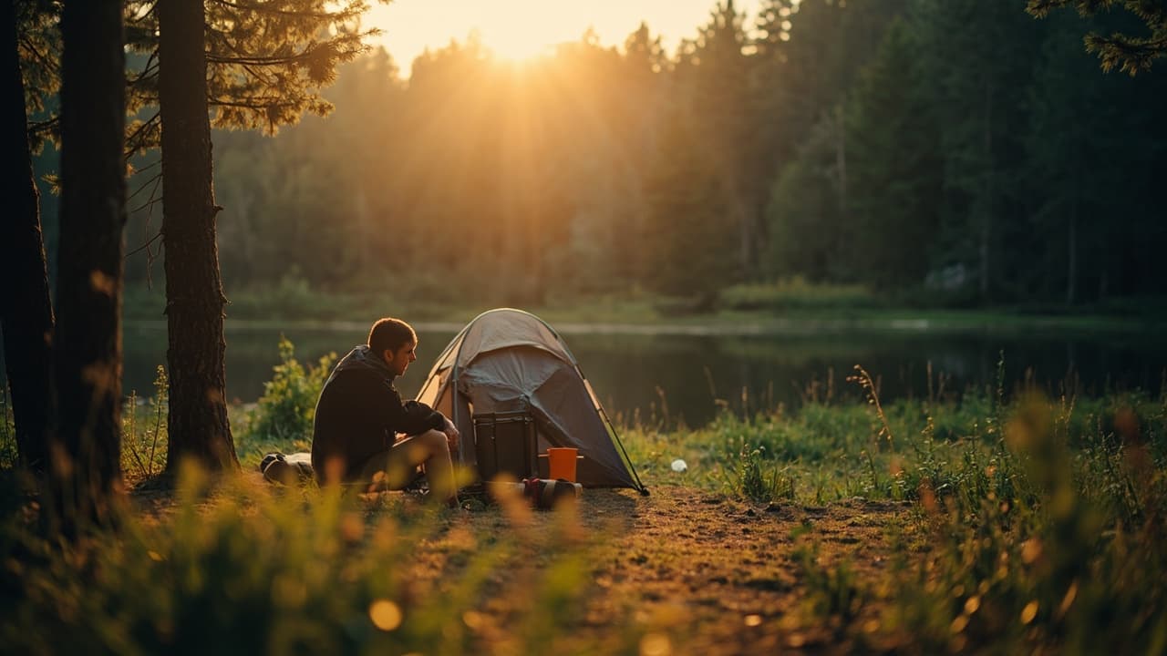 A camper sits beside a small tent by a forest lake at sunset, with an orange mug and gear resting on the grass.