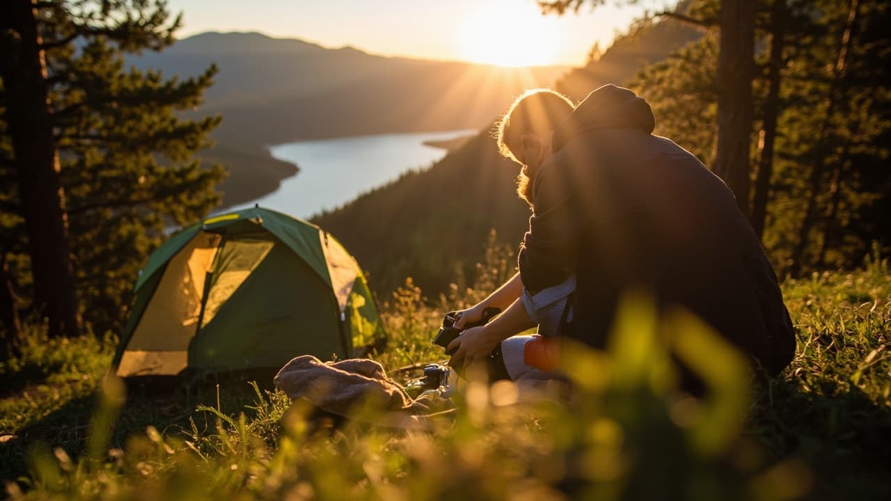 Camper in hooded jacket prepares camp stove beside green tent overlooking a mountain lake at golden sunset.