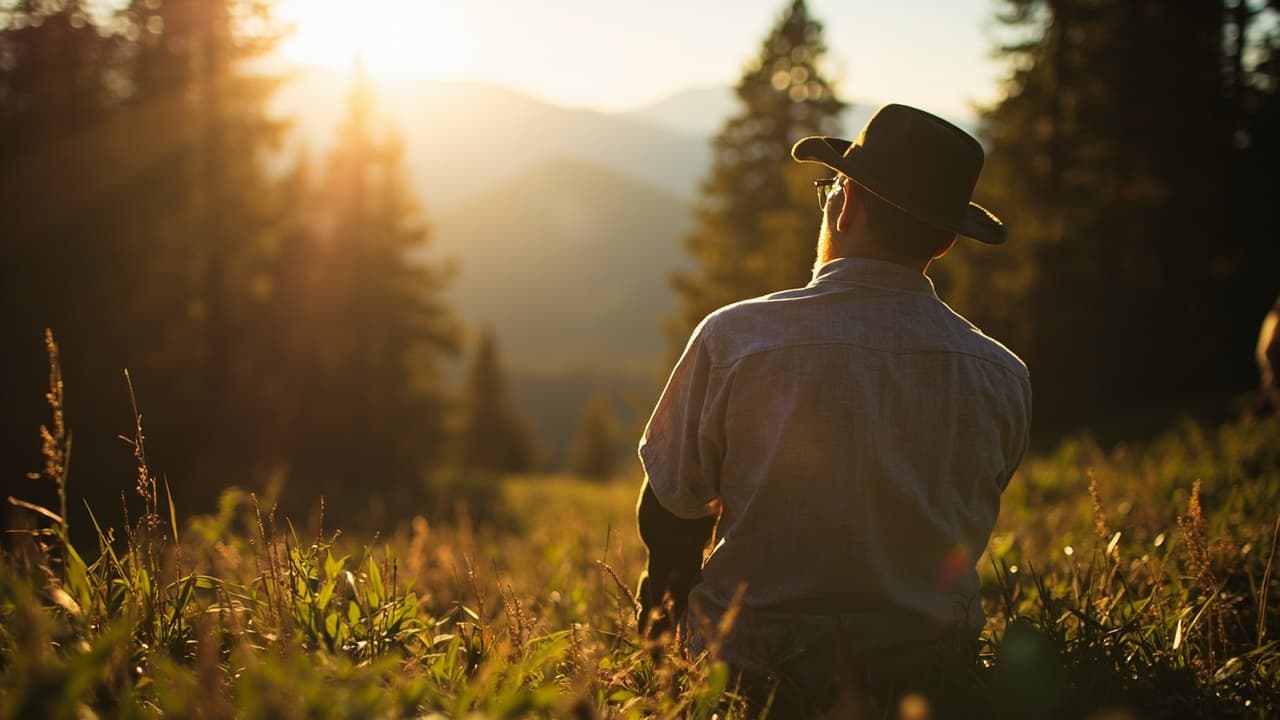 A man in a wide-brimmed hat and light button-up shirt sits in tall grass, facing a sunlit mountain forest at sunset.