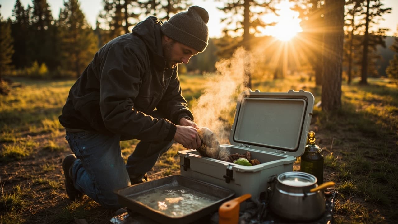 A man in a beanie kneels in a sunlit forest, handling steaming food beside an open cooler and camping cookware.