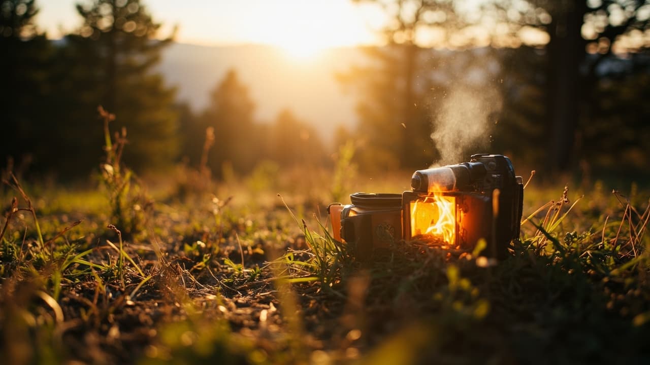 Portable camping stove with flames and a steaming mug sits on grassy ground at golden hour in a wooded clearing.