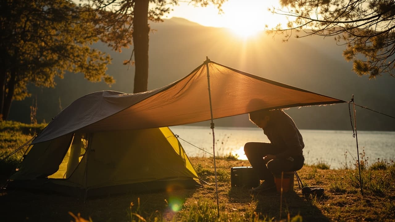 A yellow tent with an overhead tarp shelters a crouched camper beside a lake at golden hour sunset.