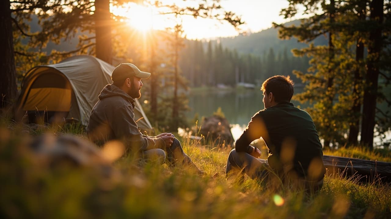 Two men sit beside a tent at a lakeside campsite, golden sunset light streaming through pine trees.