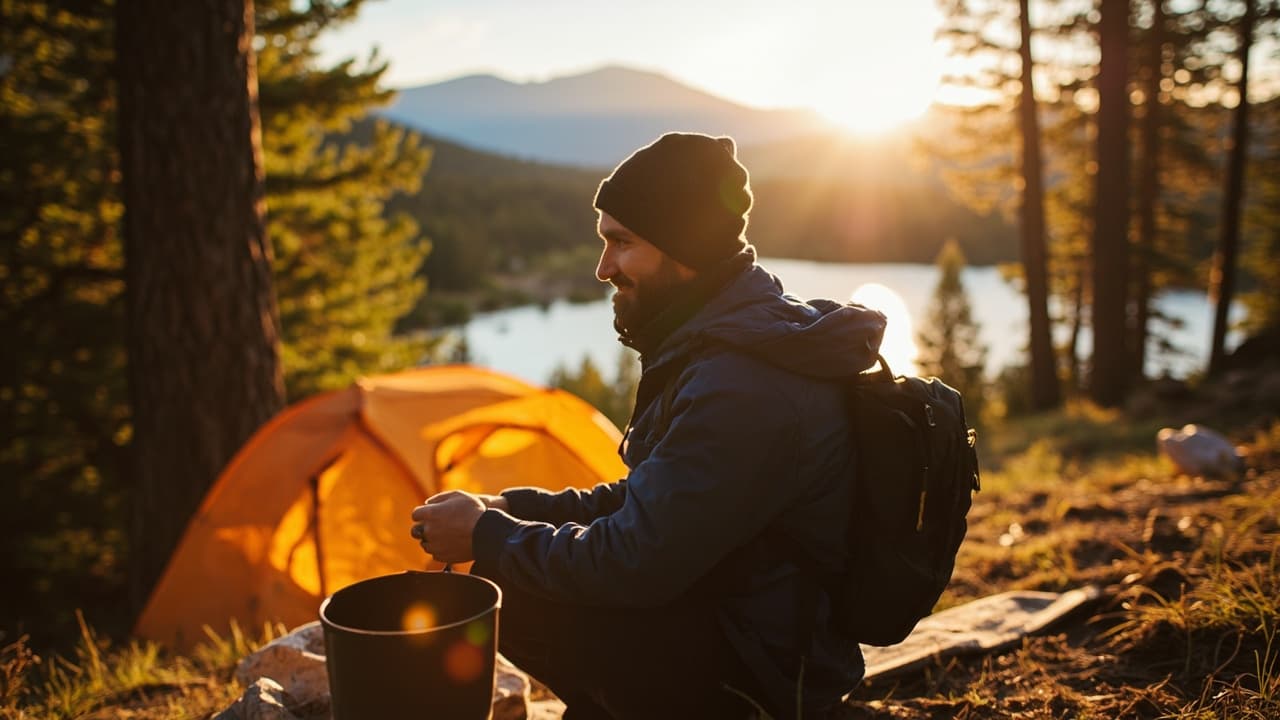 Bearded camper in a beanie and backpack pours from a pot beside an orange tent at a sunlit mountain lakeside campsite.