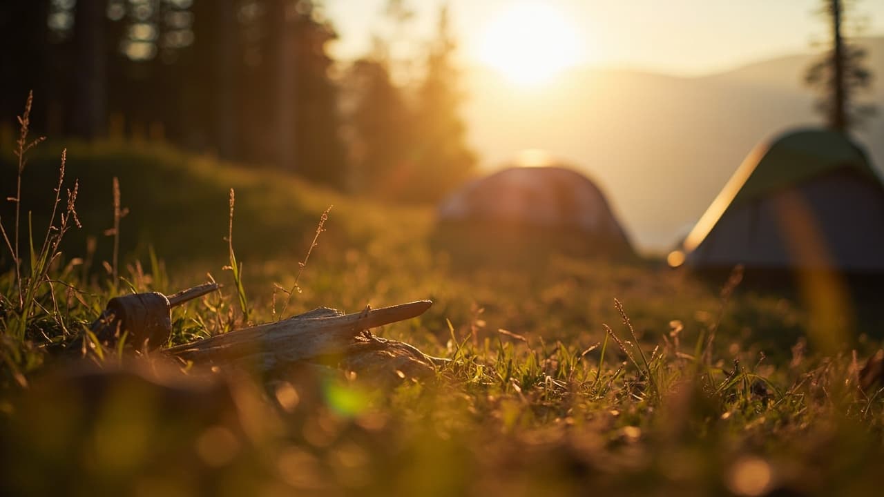 Two tents glow in golden sunset light behind a wooden mallet lying in grass at a forested campsite.