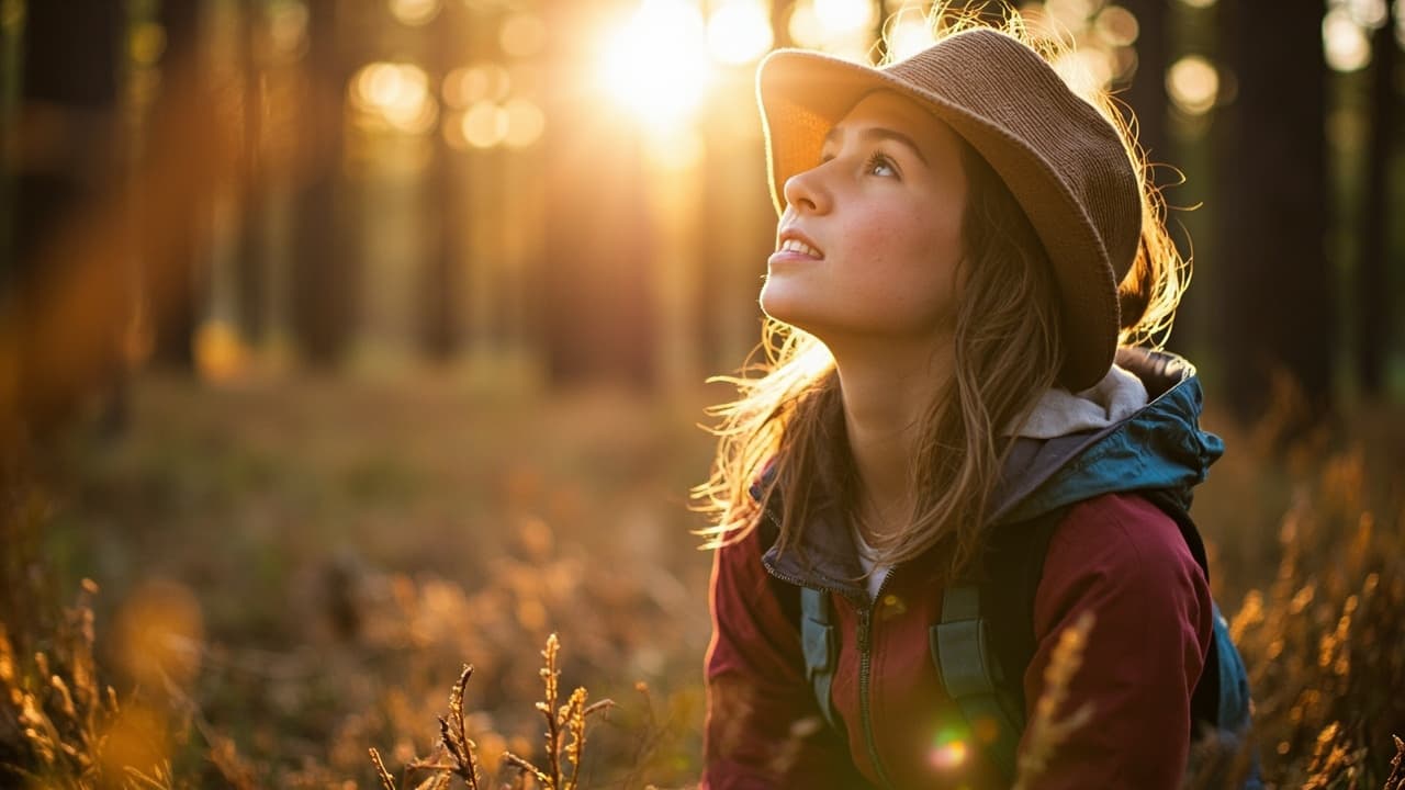 A young hiker in a sun hat and backpack gazes upward through a sunlit forest.