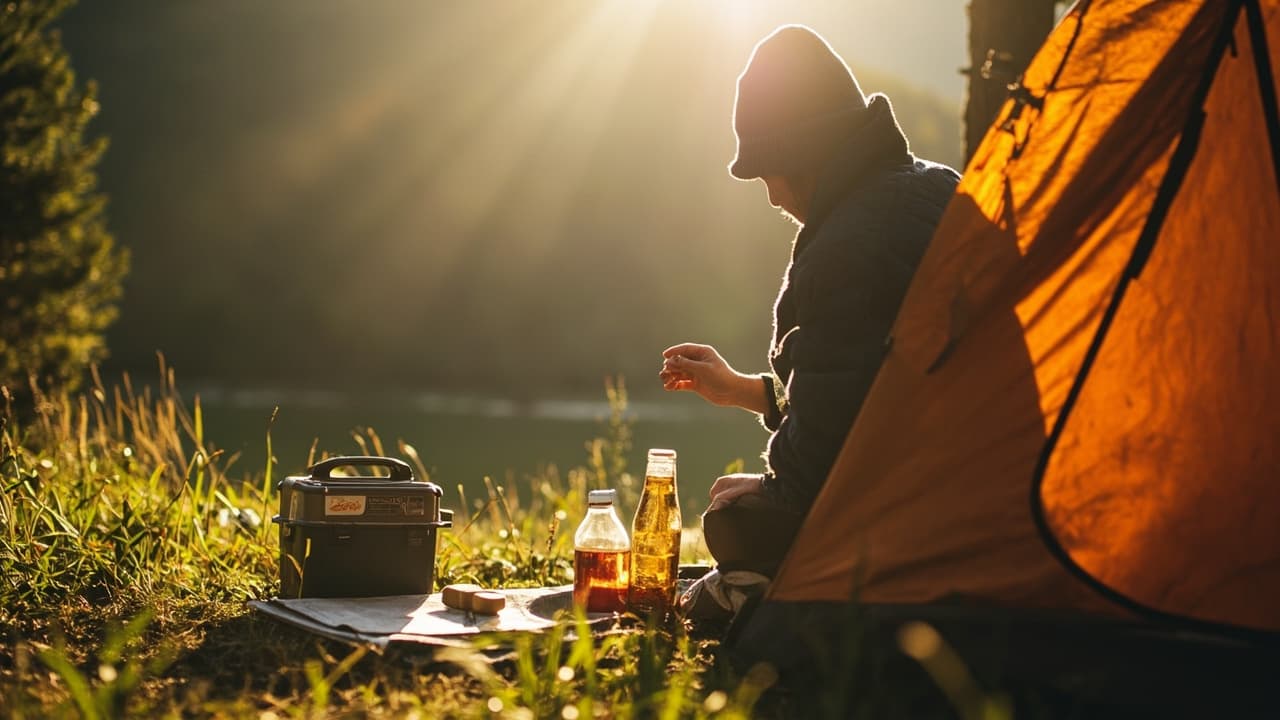 A hooded camper sits by an orange tent at golden hour, pouring a drink beside a metal box and bottles on the grass.