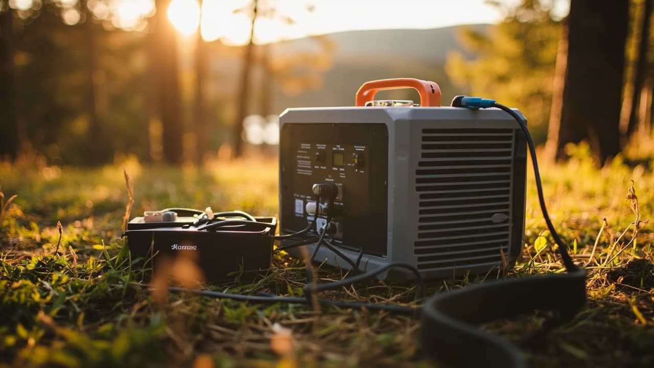 Portable power station with orange handle and connected cables sits on grass in a sunlit forest at golden hour.