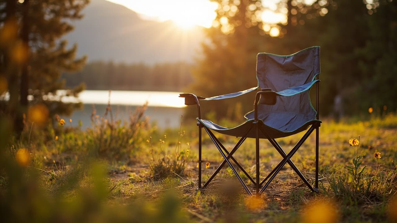 Blue folding camp chair sits on grassy ground near a lake at sunset, with trees and warm golden light in the background.
