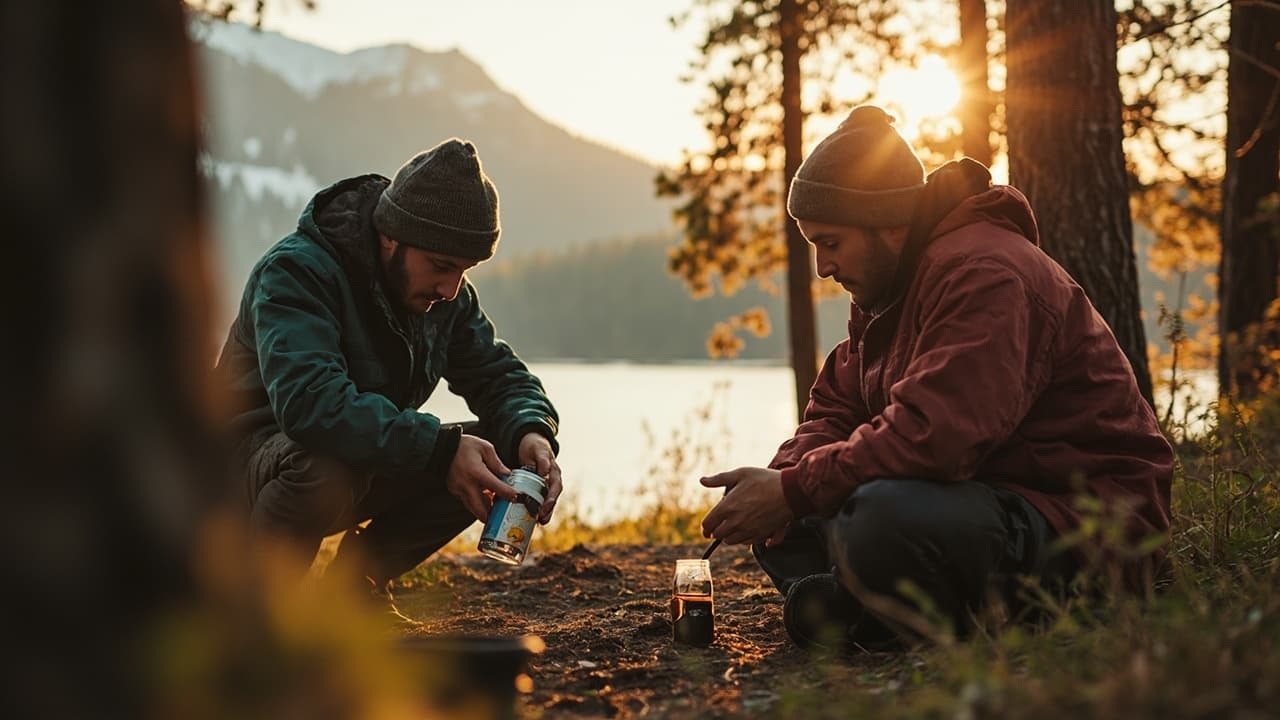 Two men wearing beanies and jackets prepare drinks beside a lake surrounded by trees and mountains at sunset.